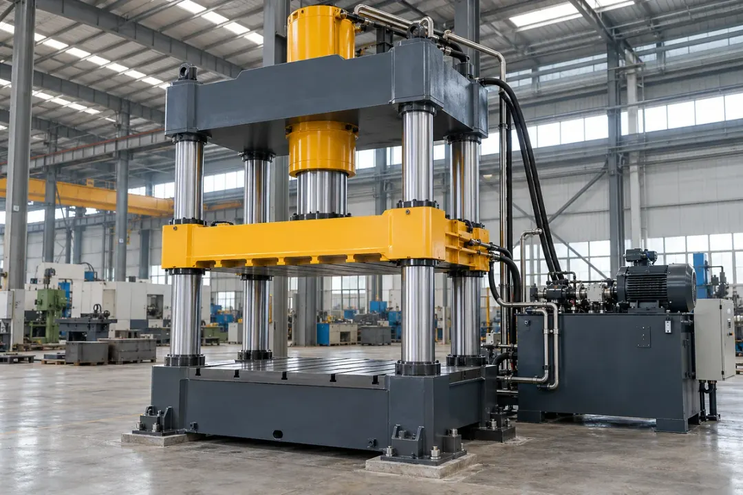 Large four-column industrial press with a rigid lower base and visible foundation supports.