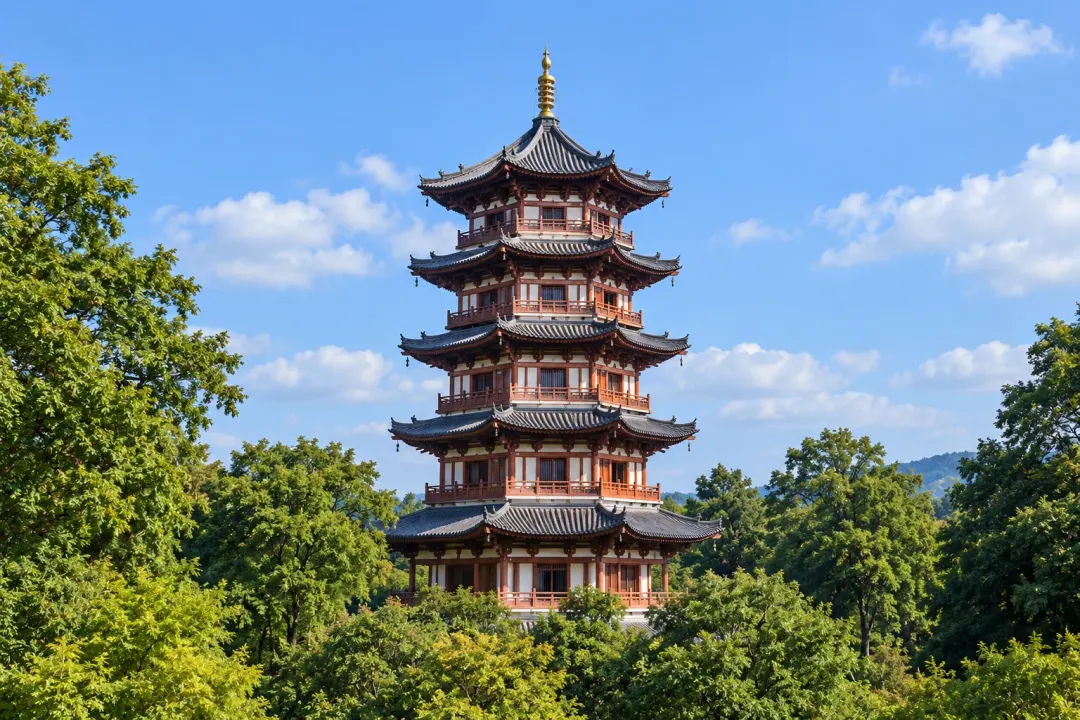 Application illustration: A traditional pagoda surrounded by mature trees and landscaped grounds.