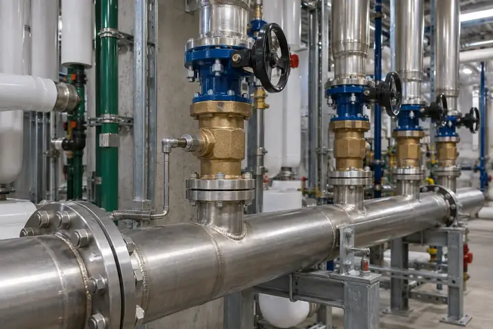 Domestic water manifold with stainless vertical risers, brass pressure-reducing assemblies and small pilot pipes.