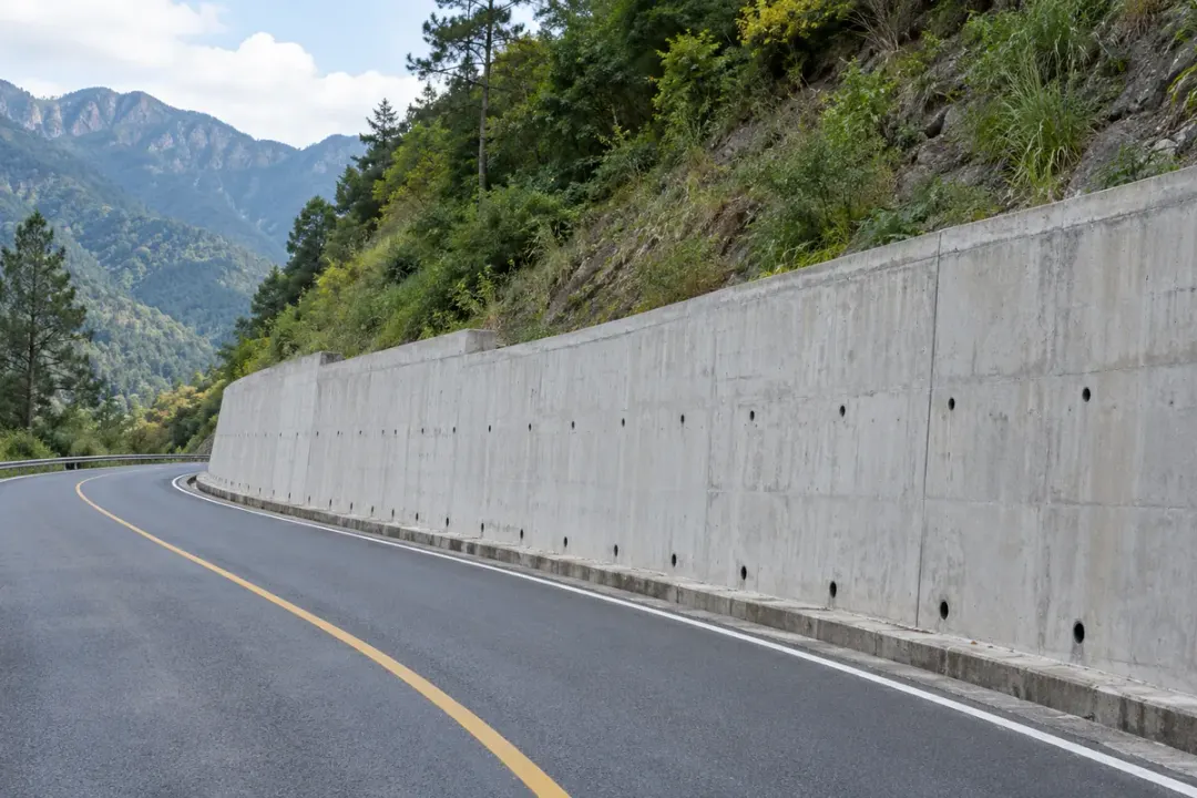 Highway retaining wall with drainage outlets beside a mountain road.