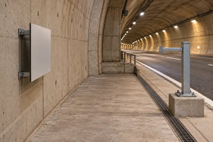Highway tunnel lining reference targets installation background: A broad target attached to the tunnel lining facing a distinct protected reference pillar.