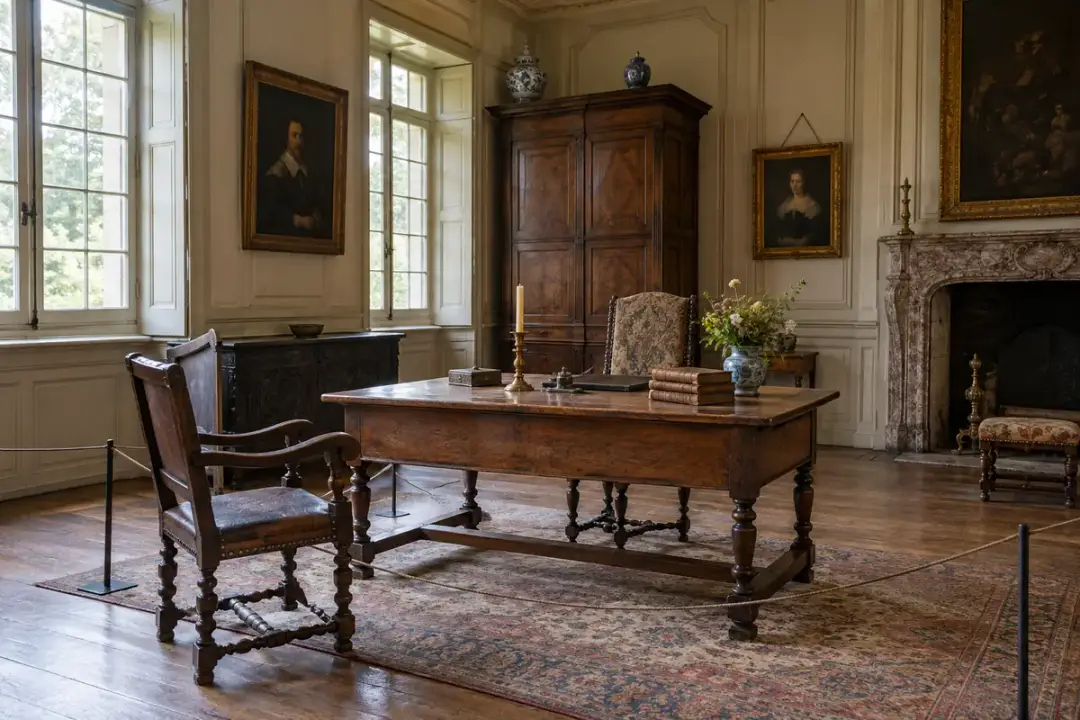 Historic wood furniture and portraits in a preserved museum room.
