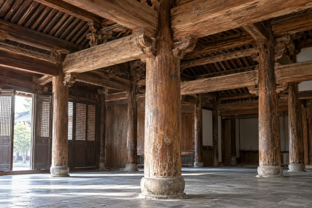 Historic timber column and beam joints inside a traditional building.