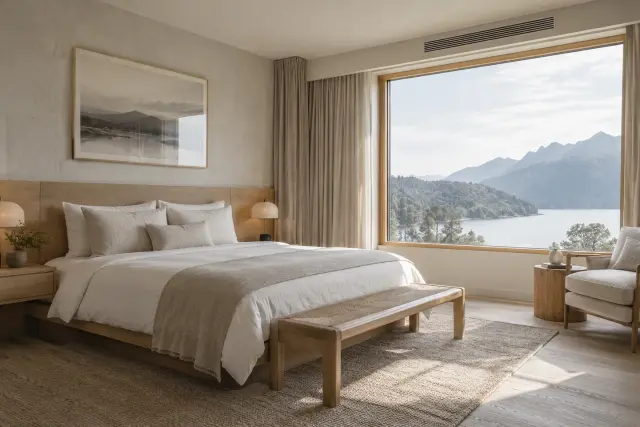 Contemporary hotel bedroom with timber furniture and a large window