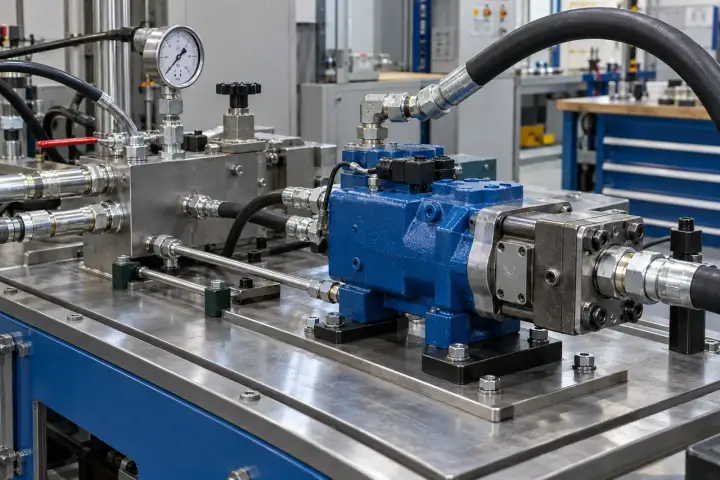 Hydraulic component test bench with a mounted pump, connected pressure hoses and valved gauge manifold.