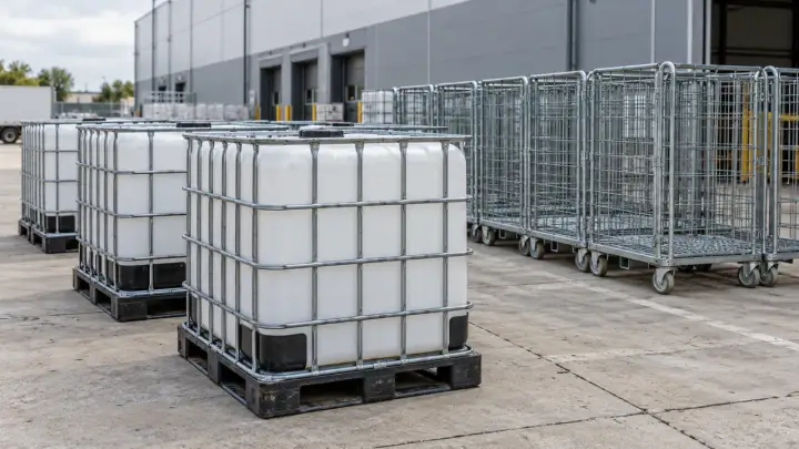 Intermediate bulk containers stored in an outdoor industrial logistics area