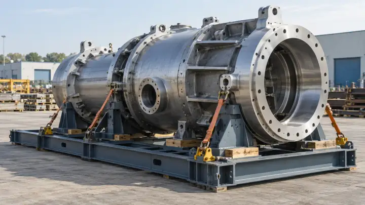 Large industrial machinery secured on a transport frame