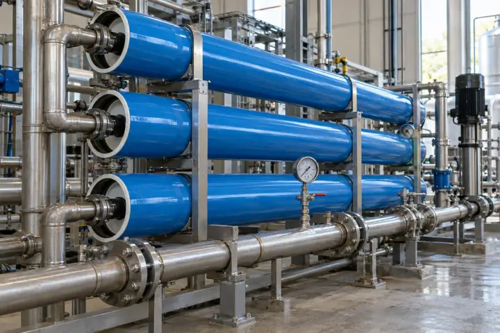 Blue horizontal membrane vessels on a steel frame with feed piping and a valved pressure gauge