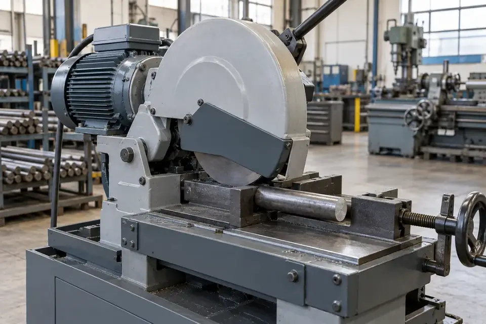 Industrial metal sawing machine with fixed drive housing and protective guards
