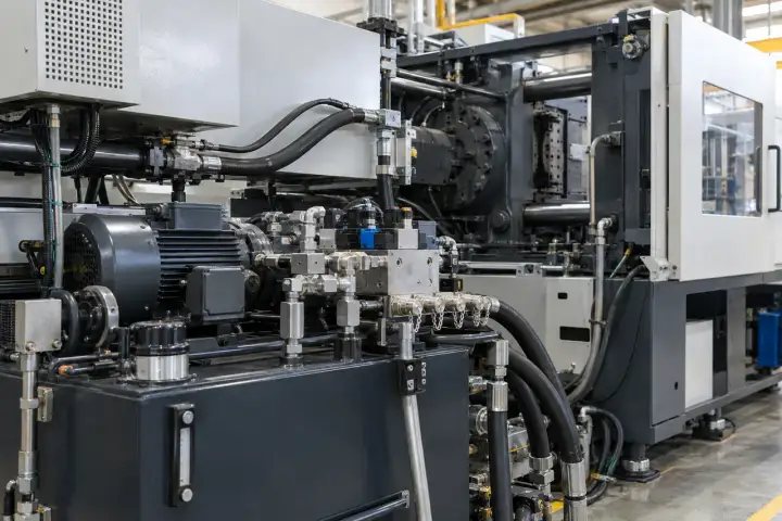 Injection-moulding machine service area with a hydraulic oil power unit, hoses and chained caps on test couplings.