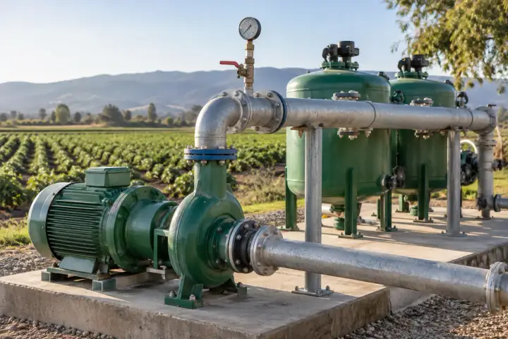 Green irrigation pump and filter vessels with a pressure gauge on the supported main header