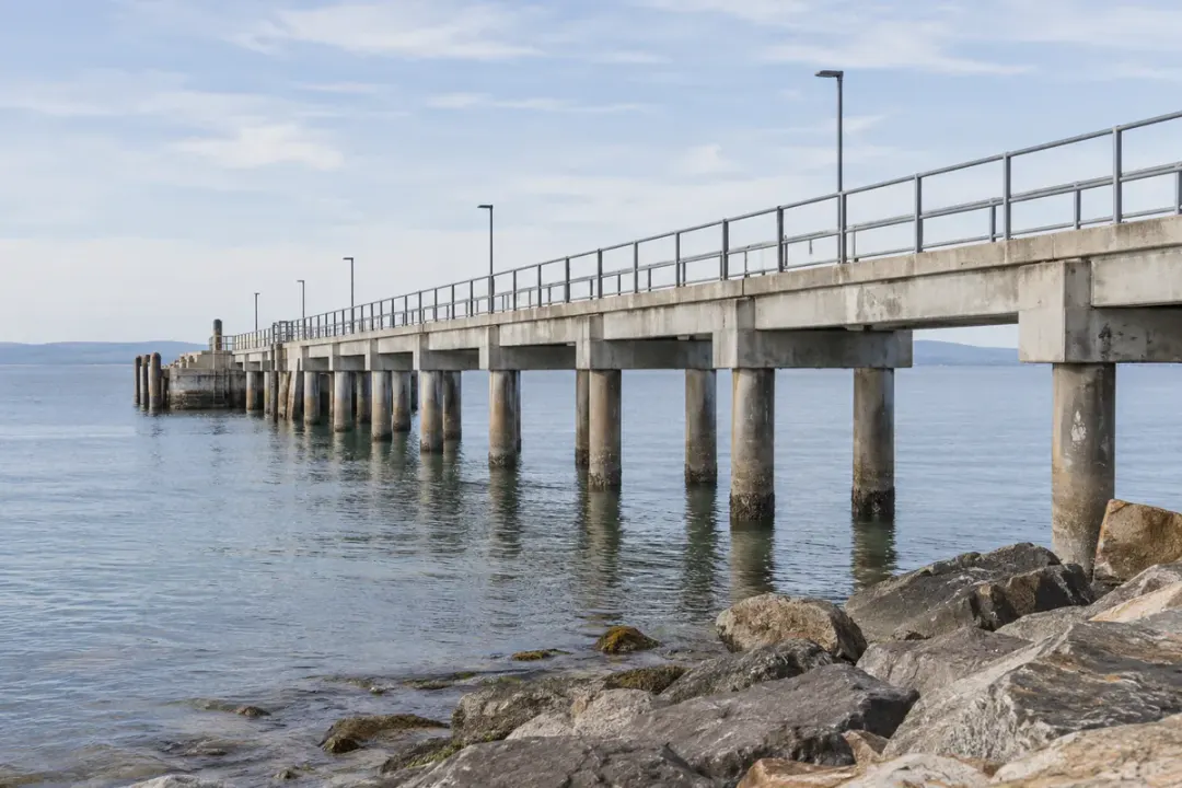 Fixed piles and beams supporting a coastal jetty.