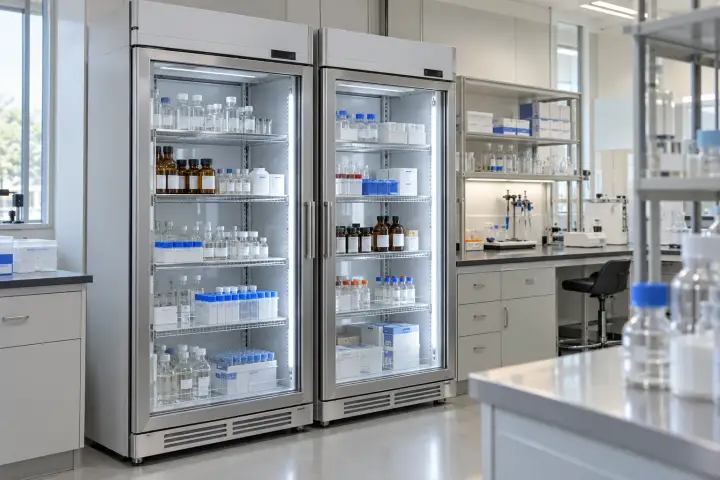 Laboratory work area with refrigerators and sample-storage equipment
