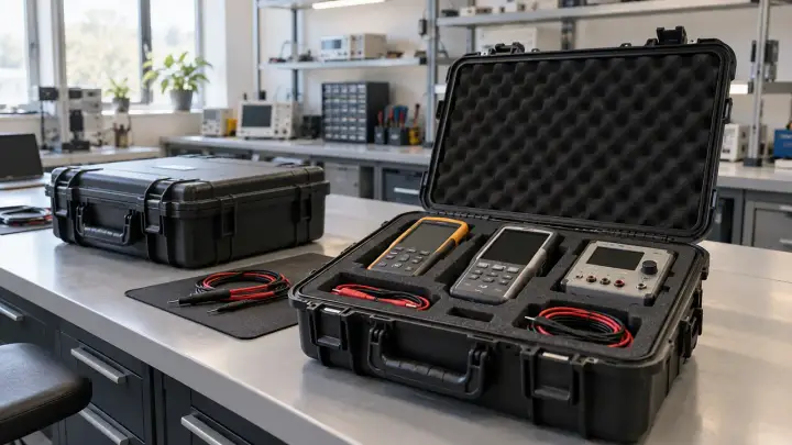 Specialist laboratory instrument packed in a protective transport case
