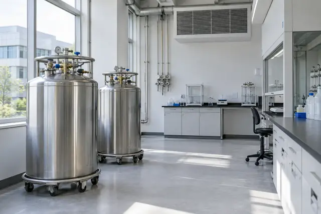 Laboratory room with stainless-steel cryogenic dewars and benches