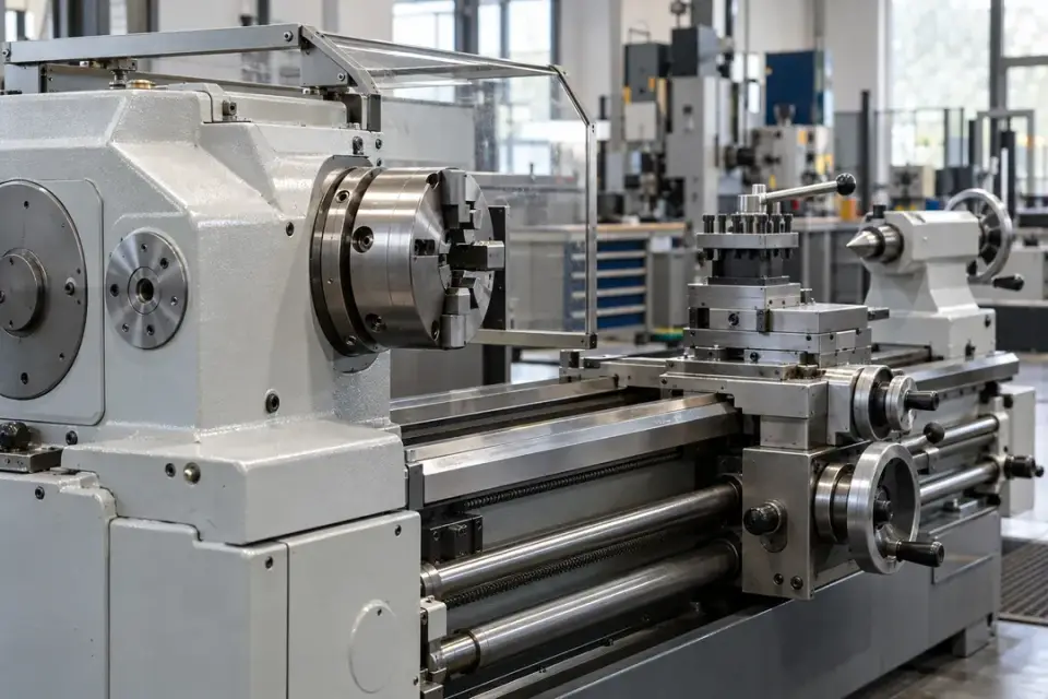 Industrial lathe with a stationary headstock housing and guarded machining area