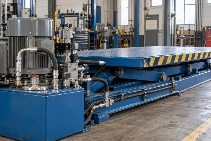Lowered blue industrial scissor lift with a side-access hydraulic power unit, protected hoses and service manifold.