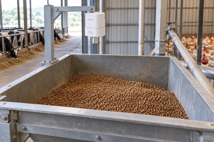 Hitelecom radar sensor on a raised feed-hopper bracket above brown livestock feed pellets