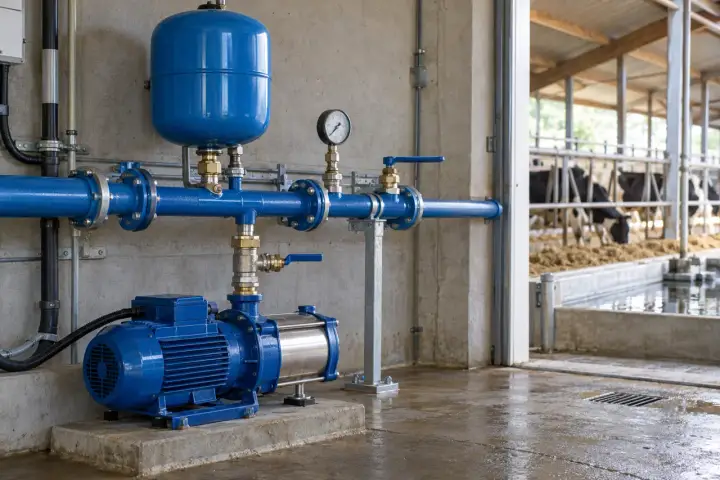 Farm water booster pump, expansion vessel and manifold pressure gauge beside cattle housing