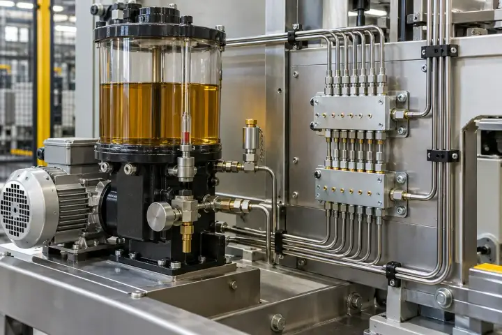 Factory lubrication reservoir and pump beside metal distributor blocks with connected oil feed lines.