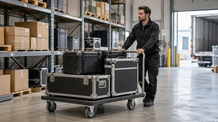 Protected merchandise transport cases prepared for logistics handover