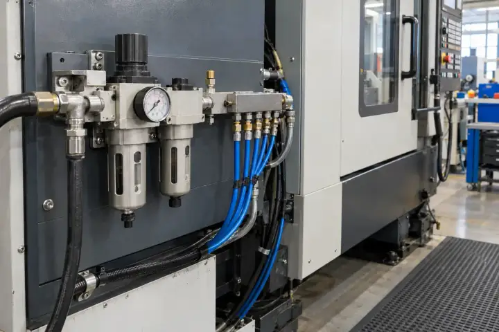 CNC machine service panel with an air filter-regulator, mechanical gauge, pneumatic manifold and blue air tubes.