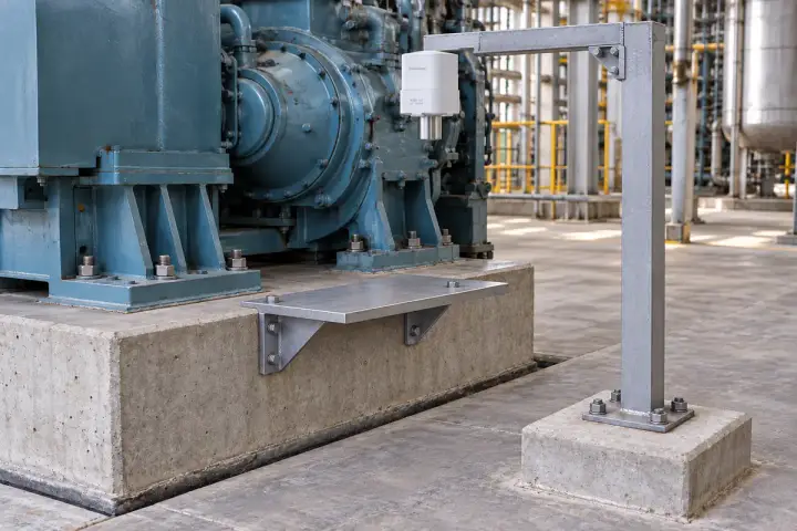 Hitelecom radar sensor on a separate benchmark arm above a broad metal target attached to an industrial machine foundation