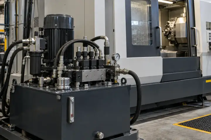 CNC lathe beside a hydraulic power unit with oil reservoir, service manifold, capped connections and pressure gauge.
