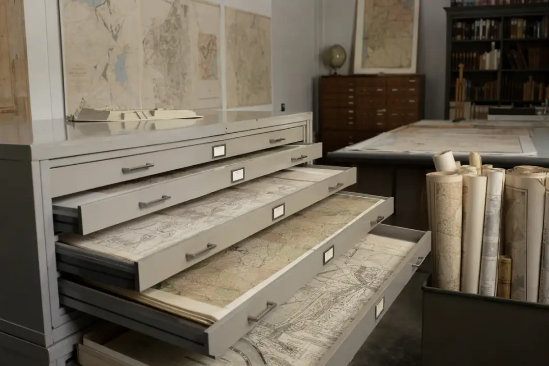 Large maps and drawings stored flat in wide plan drawers.
