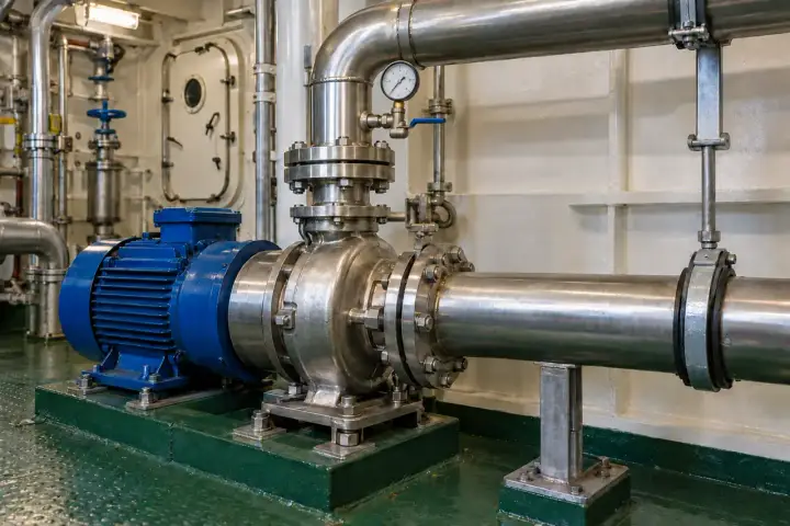 Stainless marine water pump with a pressure gauge on its vertical discharge pipe beside a ship bulkhead