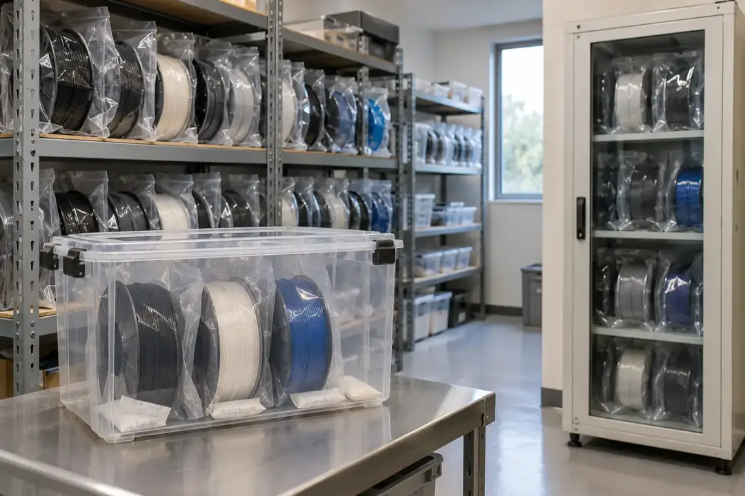 Sealed 3D printing filament spools on storage shelves beside a gasketed dry storage box