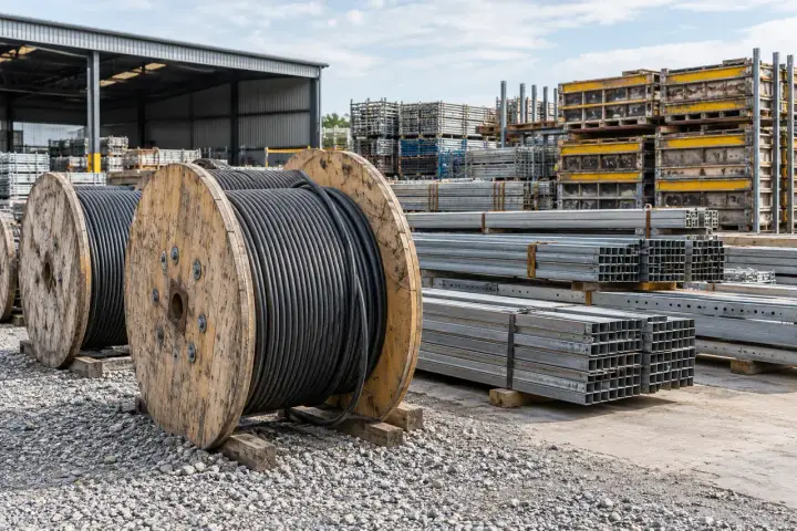 Large cable drums stored in an outdoor infrastructure materials yard
