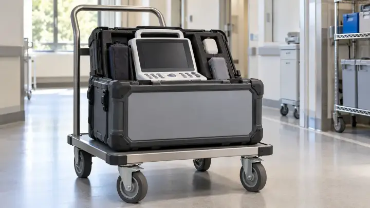 Portable medical equipment in a dedicated protective case on a transport trolley.