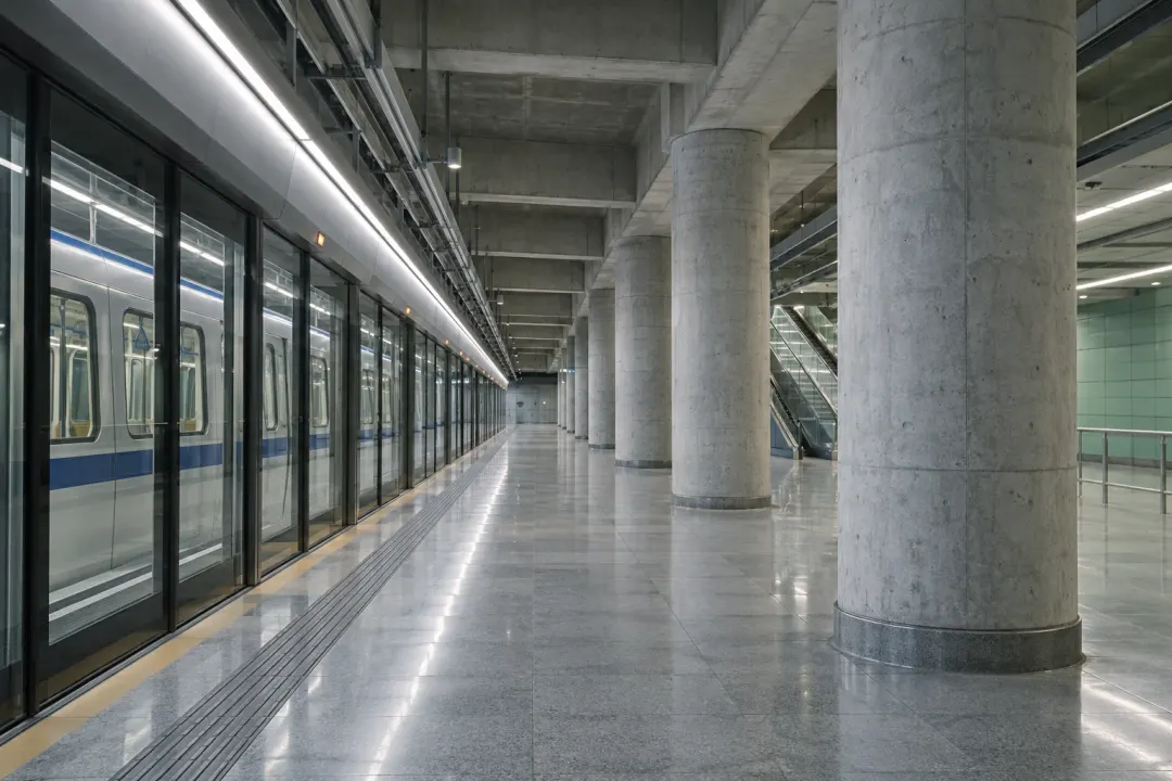 Application illustration: Underground metro station columns, ceiling beams and platform screen doors.