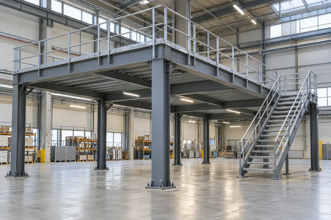 Steel mezzanine platform with visible support columns inside a factory.