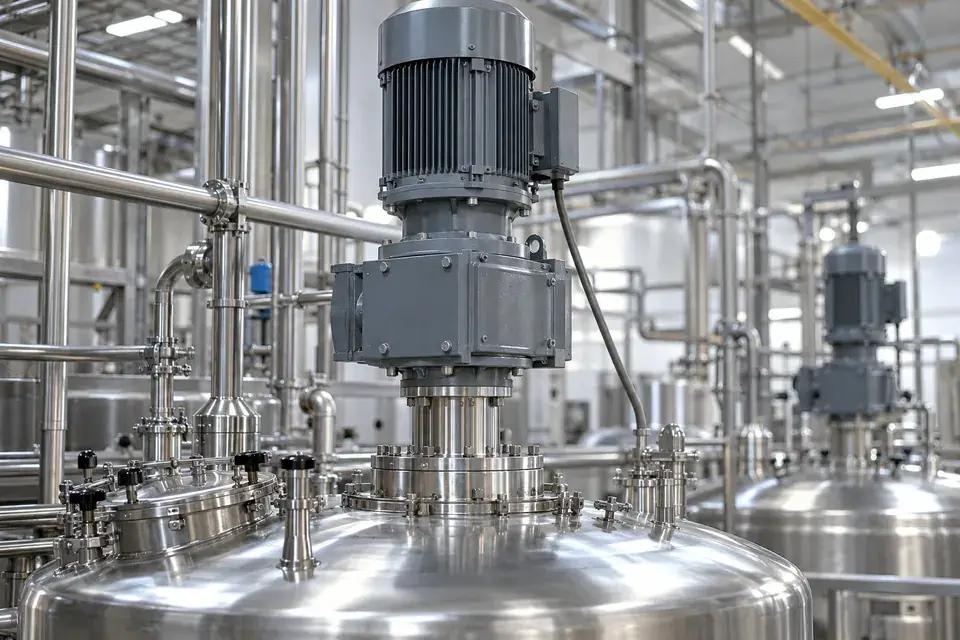 Industrial vessel mixer with an external fixed electric motor and gearbox