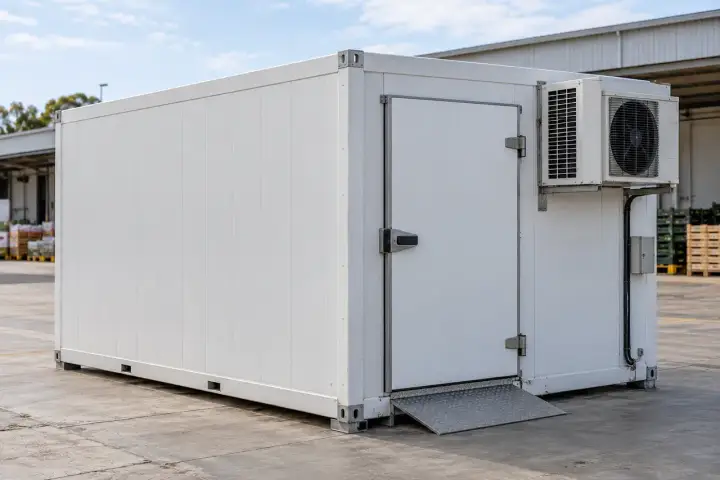 Portable cold storage module positioned at an outdoor logistics facility