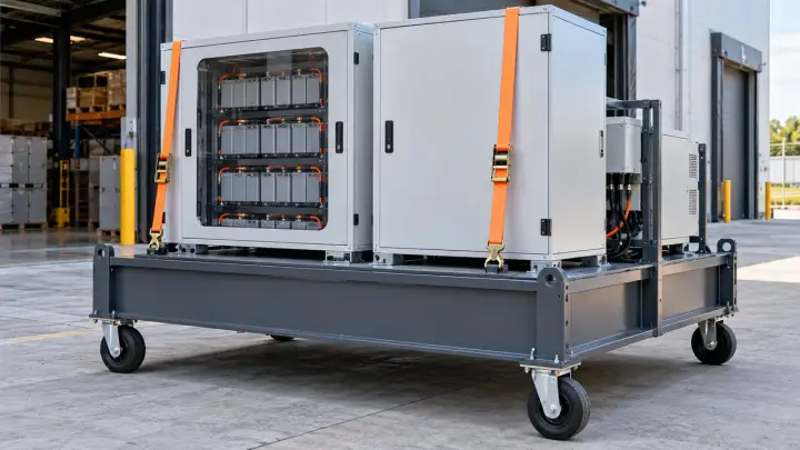 Mobile battery energy-storage modules secured to a carrier with a clear outer frame panel.