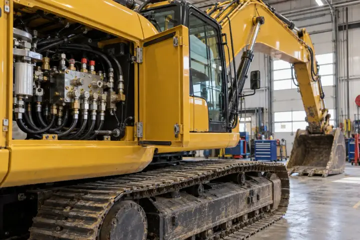 Tracked excavator with an open hydraulic service compartment and capped manifold test couplings