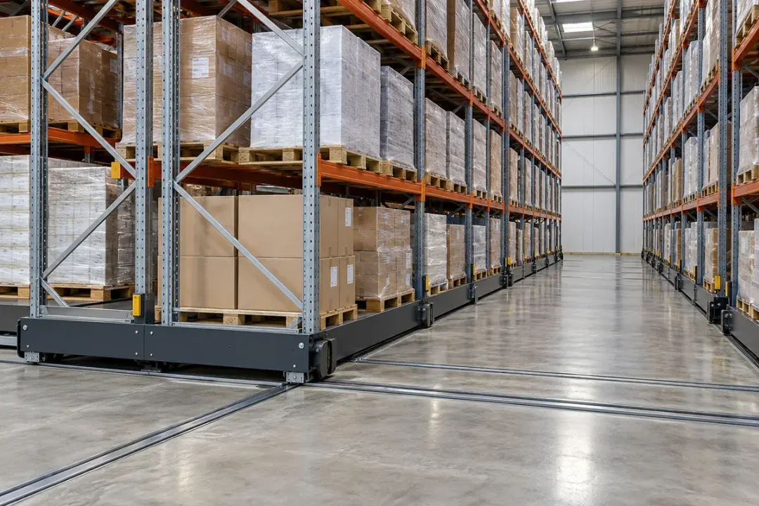 Mobile pallet racks on steel bases and floor rails beside an open warehouse aisle.