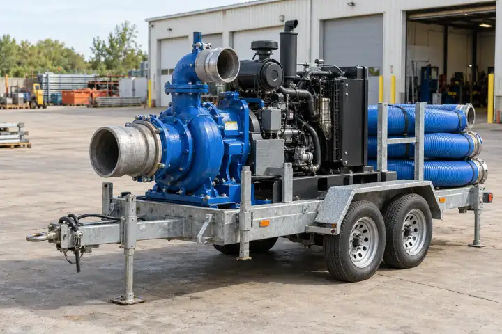 Trailer-mounted mobile water pump at an outdoor deployment site