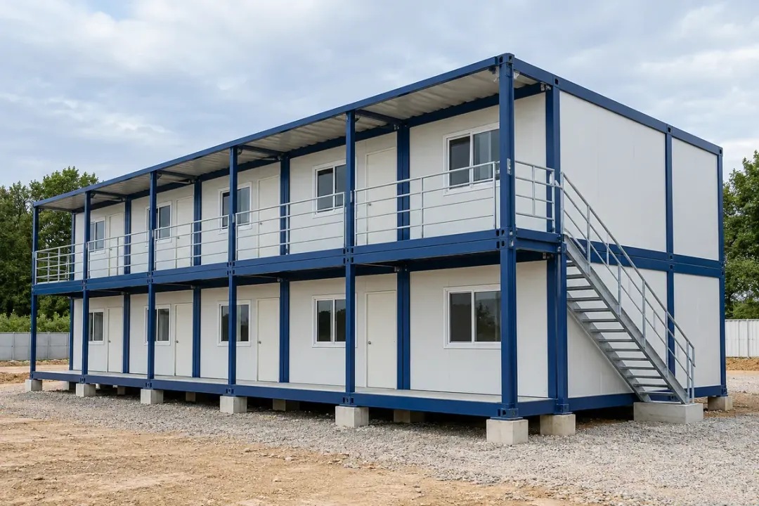 Modular site buildings with visible frame and ground supports.