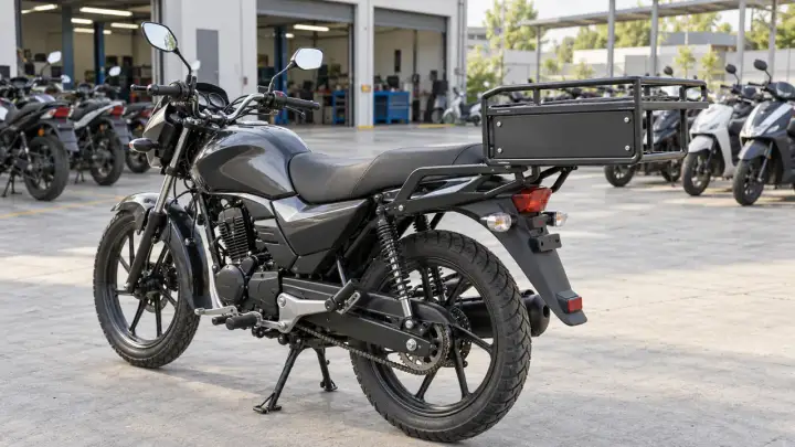 Motorcycle with a rear carrier rack and a clear external mounting panel at a fleet workshop.