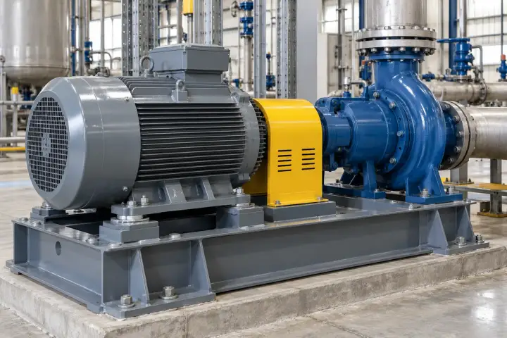 Industrial electric motor and pump with stationary housings and an intact coupling guard