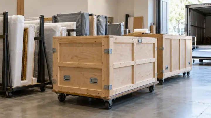 Protective art transport crates in a museum logistics area