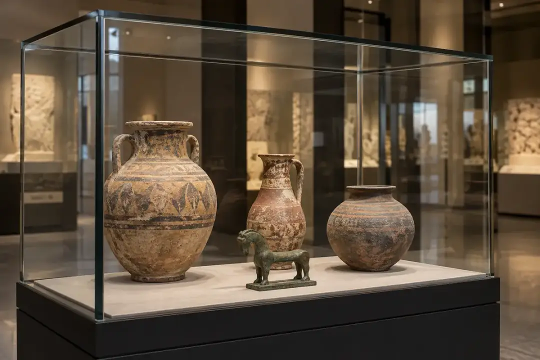 Ceramic vessels and a bronze object inside an enclosed glass museum display case.