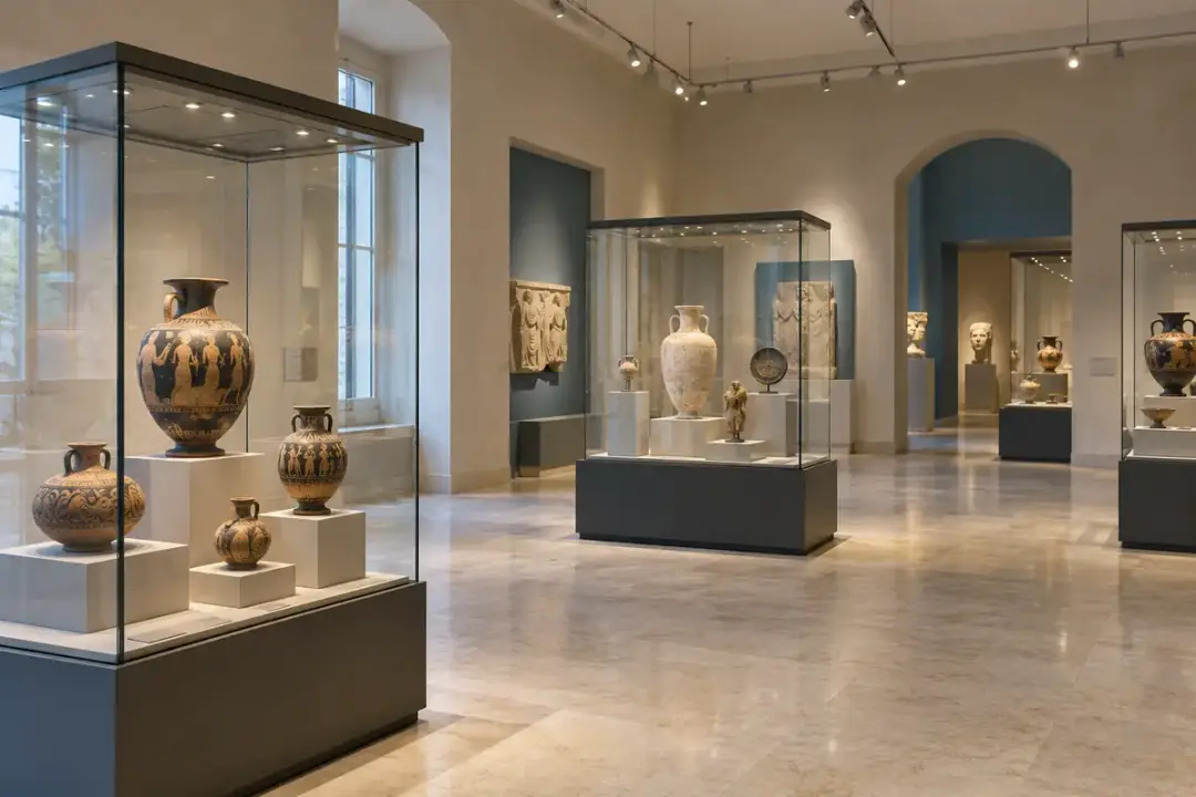 Glass display cases and archaeological objects in a museum gallery.