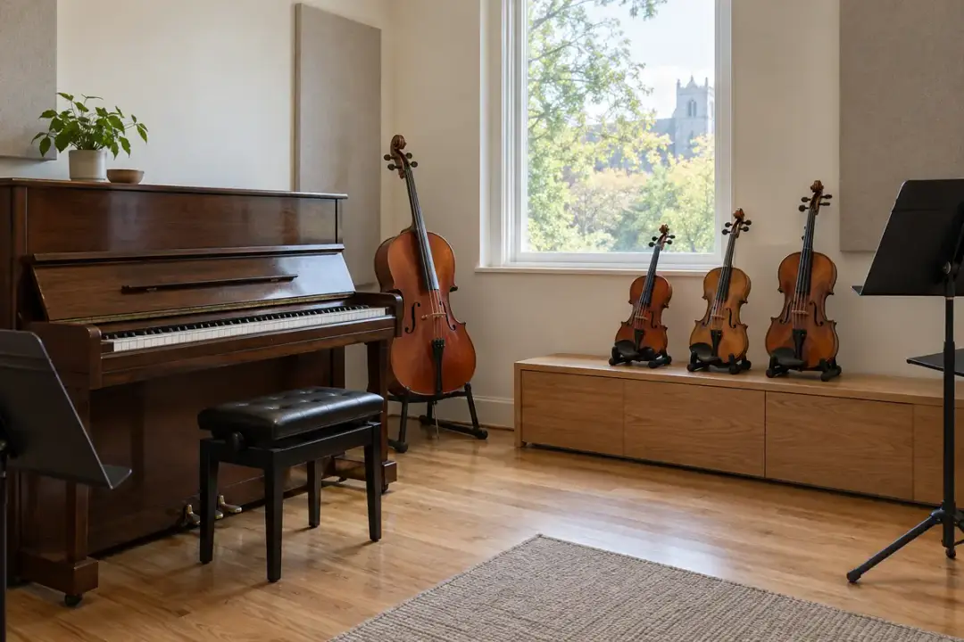An upright piano, cello and violins in a naturally lit music practice room.