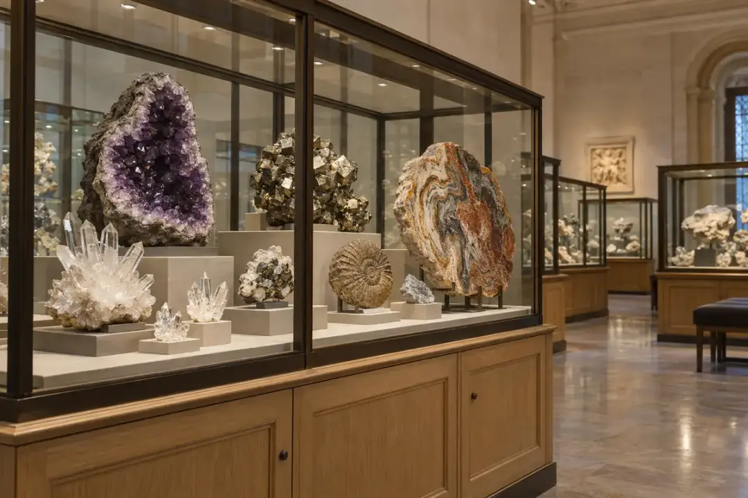 Minerals and fossil specimens in glass museum cabinets.