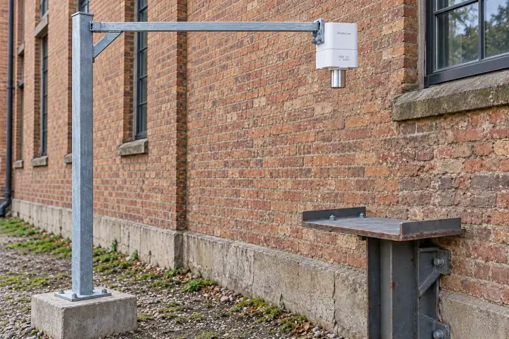 Hitelecom radar sensor on an independent raised reference arm above an existing wall-coupled settlement target